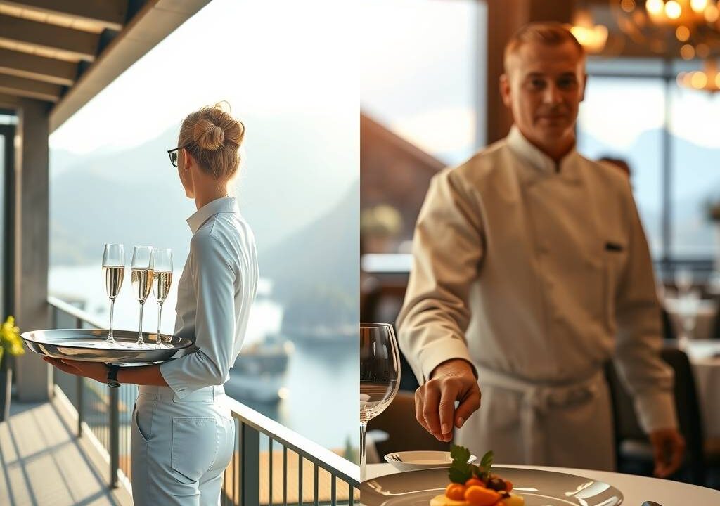 A photorealistic 16:9 image split into two harmonious scenes. On the left, a sunlit alpine terrace with a server in crisp white attire holding a silver tray with sparkling wine glasses, overlooking a serene lake and distant snow-capped mountains. On the right, an elegant Michelin-star restaurant interior with ambient golden lighting, a chef in pristine uniform delicately plating a gourmet dish, soft bokeh from candlelit tables and polished cutlery. The composition seamlessly blends outdoor leisure with refined indoor service, evoking beauty, professionalism, and opportunity. No text, no visible faces.