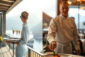 A photorealistic 16:9 image split into two harmonious scenes. On the left, a sunlit alpine terrace with a server in crisp white attire holding a silver tray with sparkling wine glasses, overlooking a serene lake and distant snow-capped mountains. On the right, an elegant Michelin-star restaurant interior with ambient golden lighting, a chef in pristine uniform delicately plating a gourmet dish, soft bokeh from candlelit tables and polished cutlery. The composition seamlessly blends outdoor leisure with refined indoor service, evoking beauty, professionalism, and opportunity. No text, no visible faces.