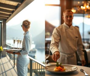 A photorealistic 16:9 image split into two harmonious scenes. On the left, a sunlit alpine terrace with a server in crisp white attire holding a silver tray with sparkling wine glasses, overlooking a serene lake and distant snow-capped mountains. On the right, an elegant Michelin-star restaurant interior with ambient golden lighting, a chef in pristine uniform delicately plating a gourmet dish, soft bokeh from candlelit tables and polished cutlery. The composition seamlessly blends outdoor leisure with refined indoor service, evoking beauty, professionalism, and opportunity. No text, no visible faces.