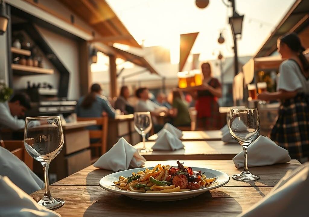 A photorealistic wide-angle shot of a sunlit Bavarian beer garden at golden hour, with empty wooden tables set with crisp white linens, polished glassware, and a steaming plate of regional cuisine. In the background, a chef in a modern open kitchen prepares fresh ingredients, while a waitress in traditional Tracht carries a tray of wheat beers toward a blurred group of happy guests. The scene is warm, inviting, and bustling with subtle movement—napkins fluttering in a gentle breeze, steam rising from the kitchen—symbolizing a thriving tourism and hospitality industry in 2026. The composition is 16:9, with no visible text or identifiable faces, focusing on ambiance, professionalism, and authentic German hospitality.