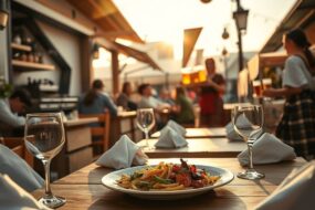 A photorealistic wide-angle shot of a sunlit Bavarian beer garden at golden hour, with empty wooden tables set with crisp white linens, polished glassware, and a steaming plate of regional cuisine. In the background, a chef in a modern open kitchen prepares fresh ingredients, while a waitress in traditional Tracht carries a tray of wheat beers toward a blurred group of happy guests. The scene is warm, inviting, and bustling with subtle movement—napkins fluttering in a gentle breeze, steam rising from the kitchen—symbolizing a thriving tourism and hospitality industry in 2026. The composition is 16:9, with no visible text or identifiable faces, focusing on ambiance, professionalism, and authentic German hospitality.