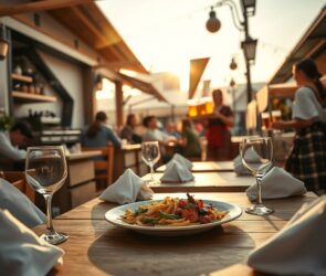 A photorealistic wide-angle shot of a sunlit Bavarian beer garden at golden hour, with empty wooden tables set with crisp white linens, polished glassware, and a steaming plate of regional cuisine. In the background, a chef in a modern open kitchen prepares fresh ingredients, while a waitress in traditional Tracht carries a tray of wheat beers toward a blurred group of happy guests. The scene is warm, inviting, and bustling with subtle movement—napkins fluttering in a gentle breeze, steam rising from the kitchen—symbolizing a thriving tourism and hospitality industry in 2026. The composition is 16:9, with no visible text or identifiable faces, focusing on ambiance, professionalism, and authentic German hospitality.