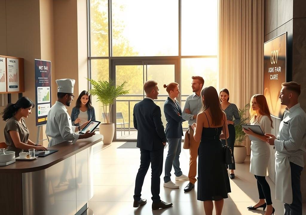A photorealistic wide shot of a modern, sunlit hotel lobby in Germany, 2026. A diverse group of young professionals in smart casual attire are networking near a sleek reception desk. One person holds a tablet displaying a recruitment interface with graphs and application icons. To the side, a chef in a crisp white uniform adjusts a menu board featuring seasonal specials, while a hospitality manager gestures toward an open door revealing a terrace with job fair banners. Soft natural light streams through floor-to-ceiling windows, illuminating potted plants and a digital screen showing rotating text about career growth and flexible schedules. The atmosphere is dynamic, welcoming, and opportunity-driven, with no visible faces or text.