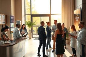 A photorealistic wide shot of a modern, sunlit hotel lobby in Germany, 2026. A diverse group of young professionals in smart casual attire are networking near a sleek reception desk. One person holds a tablet displaying a recruitment interface with graphs and application icons. To the side, a chef in a crisp white uniform adjusts a menu board featuring seasonal specials, while a hospitality manager gestures toward an open door revealing a terrace with job fair banners. Soft natural light streams through floor-to-ceiling windows, illuminating potted plants and a digital screen showing rotating text about career growth and flexible schedules. The atmosphere is dynamic, welcoming, and opportunity-driven, with no visible faces or text.