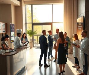 A photorealistic wide shot of a modern, sunlit hotel lobby in Germany, 2026. A diverse group of young professionals in smart casual attire are networking near a sleek reception desk. One person holds a tablet displaying a recruitment interface with graphs and application icons. To the side, a chef in a crisp white uniform adjusts a menu board featuring seasonal specials, while a hospitality manager gestures toward an open door revealing a terrace with job fair banners. Soft natural light streams through floor-to-ceiling windows, illuminating potted plants and a digital screen showing rotating text about career growth and flexible schedules. The atmosphere is dynamic, welcoming, and opportunity-driven, with no visible faces or text.