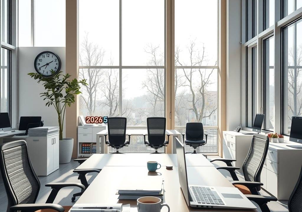 A professional German office interior, bright and modern with large windows, clean desks, and ergonomic chairs. A subtle clock on the wall shows 8:00, with a calendar marked "2026" in the background. Sunlight streams in, illuminating documents, a laptop, and a coffee cup on the desk. The atmosphere is calm, organized, and focused, with no people visible. Photorealistic style, 16:9 aspect ratio, no text, no faces.