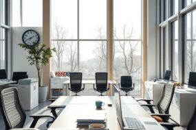 A professional German office interior, bright and modern with large windows, clean desks, and ergonomic chairs. A subtle clock on the wall shows 8:00, with a calendar marked "2026" in the background. Sunlight streams in, illuminating documents, a laptop, and a coffee cup on the desk. The atmosphere is calm, organized, and focused, with no people visible. Photorealistic style, 16:9 aspect ratio, no text, no faces.