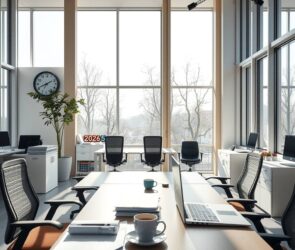 A professional German office interior, bright and modern with large windows, clean desks, and ergonomic chairs. A subtle clock on the wall shows 8:00, with a calendar marked "2026" in the background. Sunlight streams in, illuminating documents, a laptop, and a coffee cup on the desk. The atmosphere is calm, organized, and focused, with no people visible. Photorealistic style, 16:9 aspect ratio, no text, no faces.
