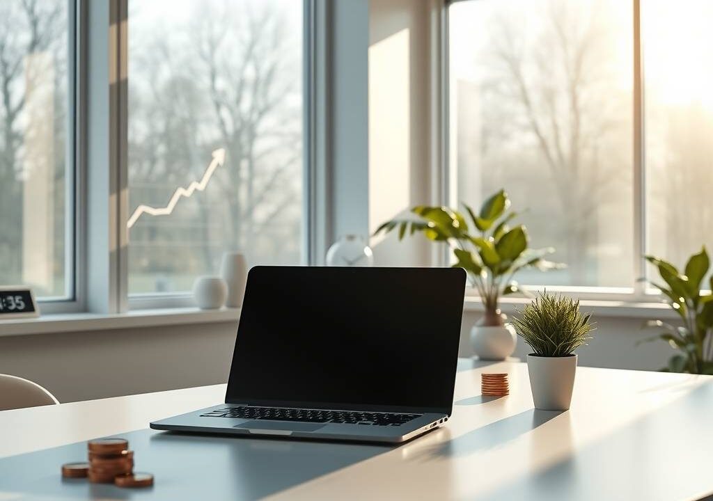 A photorealistic wide shot of a modern German office interior. Sunlight streams through large windows, illuminating an empty desk with a sleek laptop, a digital time clock in the background, and a subtle chart showing a rising line. On the desk, a stack of Euro coins and a small plant. The atmosphere is orderly and professional, reflecting fairness and transparency. No people, no text. 16:9 aspect ratio.