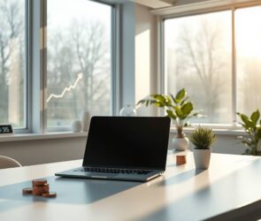 A photorealistic wide shot of a modern German office interior. Sunlight streams through large windows, illuminating an empty desk with a sleek laptop, a digital time clock in the background, and a subtle chart showing a rising line. On the desk, a stack of Euro coins and a small plant. The atmosphere is orderly and professional, reflecting fairness and transparency. No people, no text. 16:9 aspect ratio.