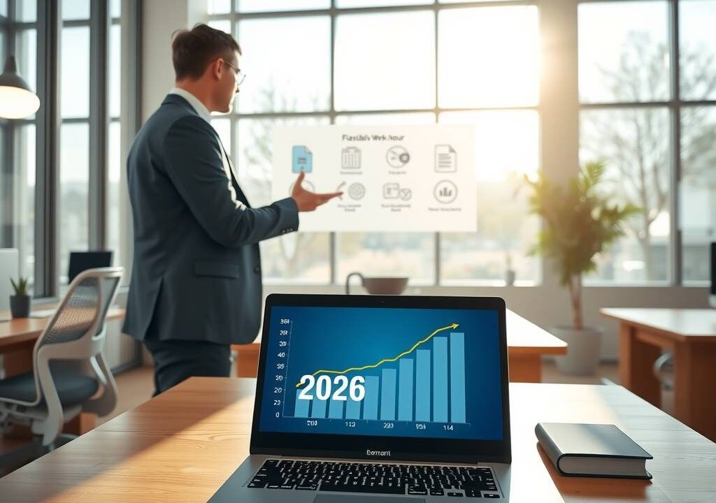 A photorealistic wide-angle shot of a modern, minimalist German office interior in 2026. Sunlight streams through large floor-to-ceiling windows, illuminating sleek wooden desks and ergonomic chairs. A laptop screen displays a dynamic graph with upward trends and a calendar icon marking "2026." In the background, a blurred figure in a professional suit gestures toward a digital board showing abstract legal documents and flexible work hour icons. The atmosphere is bright, professional, and forward-looking, with clean lines and a neutral color palette. No text, no visible faces.