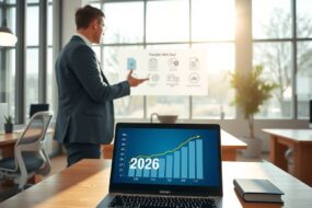 A photorealistic wide-angle shot of a modern, minimalist German office interior in 2026. Sunlight streams through large floor-to-ceiling windows, illuminating sleek wooden desks and ergonomic chairs. A laptop screen displays a dynamic graph with upward trends and a calendar icon marking "2026." In the background, a blurred figure in a professional suit gestures toward a digital board showing abstract legal documents and flexible work hour icons. The atmosphere is bright, professional, and forward-looking, with clean lines and a neutral color palette. No text, no visible faces.