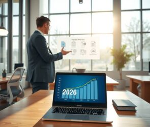 A photorealistic wide-angle shot of a modern, minimalist German office interior in 2026. Sunlight streams through large floor-to-ceiling windows, illuminating sleek wooden desks and ergonomic chairs. A laptop screen displays a dynamic graph with upward trends and a calendar icon marking "2026." In the background, a blurred figure in a professional suit gestures toward a digital board showing abstract legal documents and flexible work hour icons. The atmosphere is bright, professional, and forward-looking, with clean lines and a neutral color palette. No text, no visible faces.