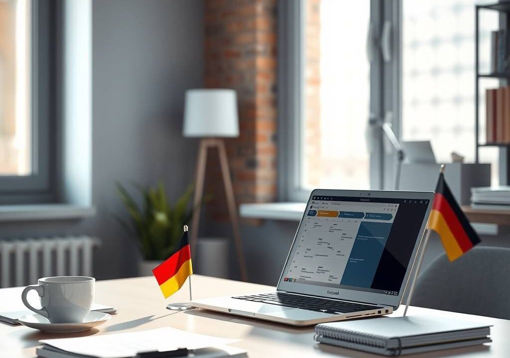 A clean, professional desk in a modern German office, featuring a single open laptop showing a spreadsheet or calendar, a coffee cup, a small German flag, and neatly stacked documents. Soft natural light from a window on the left illuminates the scene, with subtle architectural details like a brick wall or minimalist shelving. The atmosphere is calm and structured, conveying stability, productivity, and corporate professionalism. Photorealistic, 16:9, no text, no faces.