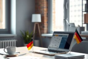 A clean, professional desk in a modern German office, featuring a single open laptop showing a spreadsheet or calendar, a coffee cup, a small German flag, and neatly stacked documents. Soft natural light from a window on the left illuminates the scene, with subtle architectural details like a brick wall or minimalist shelving. The atmosphere is calm and structured, conveying stability, productivity, and corporate professionalism. Photorealistic, 16:9, no text, no faces.