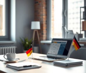A clean, professional desk in a modern German office, featuring a single open laptop showing a spreadsheet or calendar, a coffee cup, a small German flag, and neatly stacked documents. Soft natural light from a window on the left illuminates the scene, with subtle architectural details like a brick wall or minimalist shelving. The atmosphere is calm and structured, conveying stability, productivity, and corporate professionalism. Photorealistic, 16:9, no text, no faces.