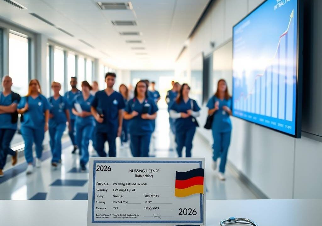 A photorealistic wide shot of a modern, bright hospital corridor in Germany, with a diverse group of healthcare professionals in blue scrubs walking purposefully. In the foreground, a clean desk displays a German nursing license certificate beside a stethoscope and a small German flag. Soft natural light streams through large windows, highlighting a digital salary chart on a wall screen showing "2026" and upward-trending figures. The scene conveys professionalism, opportunity, and a welcoming environment for international talent. No text, no visible faces. Aspect ratio 16:9. Photorealistic style.
