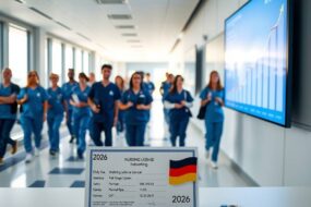 A photorealistic wide shot of a modern, bright hospital corridor in Germany, with a diverse group of healthcare professionals in blue scrubs walking purposefully. In the foreground, a clean desk displays a German nursing license certificate beside a stethoscope and a small German flag. Soft natural light streams through large windows, highlighting a digital salary chart on a wall screen showing "2026" and upward-trending figures. The scene conveys professionalism, opportunity, and a welcoming environment for international talent. No text, no visible faces. Aspect ratio 16:9. Photorealistic style.