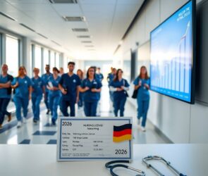 A photorealistic wide shot of a modern, bright hospital corridor in Germany, with a diverse group of healthcare professionals in blue scrubs walking purposefully. In the foreground, a clean desk displays a German nursing license certificate beside a stethoscope and a small German flag. Soft natural light streams through large windows, highlighting a digital salary chart on a wall screen showing "2026" and upward-trending figures. The scene conveys professionalism, opportunity, and a welcoming environment for international talent. No text, no visible faces. Aspect ratio 16:9. Photorealistic style.