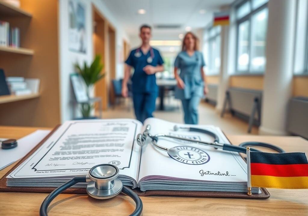 A photorealistic, wide-angle image in 16:9 format. A modern, bright credential evaluation office in Germany. On a clean, wooden desk, an open folder displays official documents, a stamp, and a certificate with a German seal. Next to it, a stethoscope and a small flag of Germany. In the background, a blurred view of a hospital corridor and a professional nurse in scrubs walking confidently. Soft natural lighting, professional and welcoming atmosphere, no text visible, no faces shown.