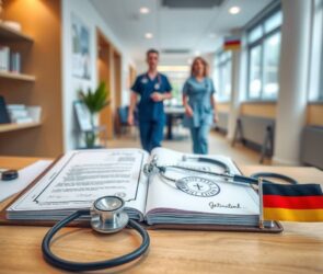 A photorealistic, wide-angle image in 16:9 format. A modern, bright credential evaluation office in Germany. On a clean, wooden desk, an open folder displays official documents, a stamp, and a certificate with a German seal. Next to it, a stethoscope and a small flag of Germany. In the background, a blurred view of a hospital corridor and a professional nurse in scrubs walking confidently. Soft natural lighting, professional and welcoming atmosphere, no text visible, no faces shown.