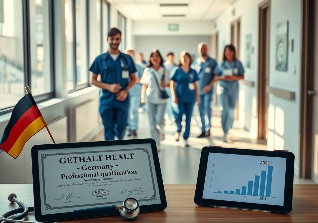 A photorealistic 16:9 scene depicting a modern, bright hospital corridor in Germany. In the foreground, a neatly arranged desk displays a German professional qualification certificate with a stamp, a stethoscope, and a small flag of Germany. Next to it, a digital tablet shows a bar chart labeled "Gehalt 2026" with an upward trend. Through a large window in the background, a diverse team of nurses and caregivers in blue scrubs is visible, walking confidently and collaborating in a clean, well-lit ward. Sunlight streams in, casting soft shadows. No text on surfaces, no visible faces. The atmosphere is professional, welcoming, and forward-looking.