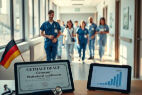 A photorealistic 16:9 scene depicting a modern, bright hospital corridor in Germany. In the foreground, a neatly arranged desk displays a German professional qualification certificate with a stamp, a stethoscope, and a small flag of Germany. Next to it, a digital tablet shows a bar chart labeled "Gehalt 2026" with an upward trend. Through a large window in the background, a diverse team of nurses and caregivers in blue scrubs is visible, walking confidently and collaborating in a clean, well-lit ward. Sunlight streams in, casting soft shadows. No text on surfaces, no visible faces. The atmosphere is professional, welcoming, and forward-looking.