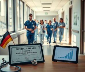 A photorealistic 16:9 scene depicting a modern, bright hospital corridor in Germany. In the foreground, a neatly arranged desk displays a German professional qualification certificate with a stamp, a stethoscope, and a small flag of Germany. Next to it, a digital tablet shows a bar chart labeled "Gehalt 2026" with an upward trend. Through a large window in the background, a diverse team of nurses and caregivers in blue scrubs is visible, walking confidently and collaborating in a clean, well-lit ward. Sunlight streams in, casting soft shadows. No text on surfaces, no visible faces. The atmosphere is professional, welcoming, and forward-looking.