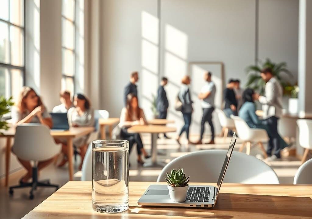 The image depicts a bright, modern coworking space during daytime. In the foreground, a glass of water and a minimalist laptop sit on a wooden desk, with a small succulent plant nearby. Soft, neutral-toned lighting flows through large windows, casting gentle shadows across the room. In the background, a diverse group of professionals—some seated at communal tables, others standing in quiet conversation—are visible, suggesting collaboration and autonomy. The atmosphere is calm, uncluttered, and professional, with muted beige, gray, and warm wood tones dominating the color palette. The composition emphasizes openness and flexibility, without any text or overt branding.