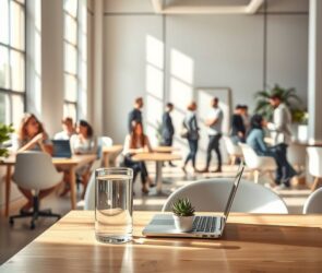 The image depicts a bright, modern coworking space during daytime. In the foreground, a glass of water and a minimalist laptop sit on a wooden desk, with a small succulent plant nearby. Soft, neutral-toned lighting flows through large windows, casting gentle shadows across the room. In the background, a diverse group of professionals—some seated at communal tables, others standing in quiet conversation—are visible, suggesting collaboration and autonomy. The atmosphere is calm, uncluttered, and professional, with muted beige, gray, and warm wood tones dominating the color palette. The composition emphasizes openness and flexibility, without any text or overt branding.