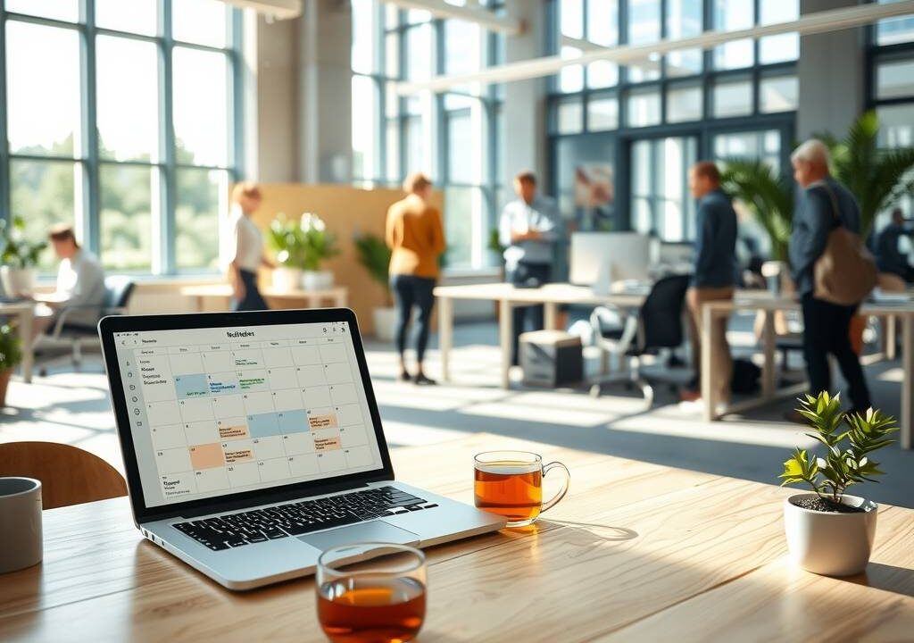 A photorealistic, wide-angle shot of a modern open-plan office in Germany during daylight. Sunlight streams through floor-to-ceiling windows. In the foreground, a clean wooden desk holds a laptop displaying a calendar with flexible time blocks, a cup of tea, and a small plant. In the background, blurred figures of diverse employees are seen working at standing desks and in quiet collaboration zones. One person is leaving the office with a gym bag, suggesting a flexible schedule. The atmosphere is calm, professional, and bright, with warm neutral tones and green accents. No text, no visible faces. Aspect ratio 16:9.