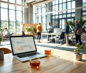 A photorealistic, wide-angle shot of a modern open-plan office in Germany during daylight. Sunlight streams through floor-to-ceiling windows. In the foreground, a clean wooden desk holds a laptop displaying a calendar with flexible time blocks, a cup of tea, and a small plant. In the background, blurred figures of diverse employees are seen working at standing desks and in quiet collaboration zones. One person is leaving the office with a gym bag, suggesting a flexible schedule. The atmosphere is calm, professional, and bright, with warm neutral tones and green accents. No text, no visible faces. Aspect ratio 16:9.