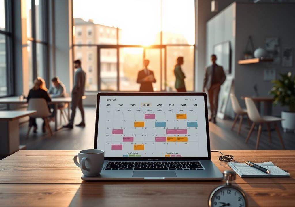 A photorealistic wide-angle shot of a modern co-working space during golden hour, with soft sunlight streaming through large windows. In the foreground, a minimalist wooden desk holds a laptop displaying a calendar grid with color-coded time blocks, a steaming coffee cup, and a small analog clock. In the background, blurred figures of professionals collaborate in open lounge areas, while a glass whiteboard shows abstract workflow diagrams. The scene conveys balance, autonomy, and structure, with warm neutral tones and clean lines. 16:9 aspect ratio, no text, no visible faces.