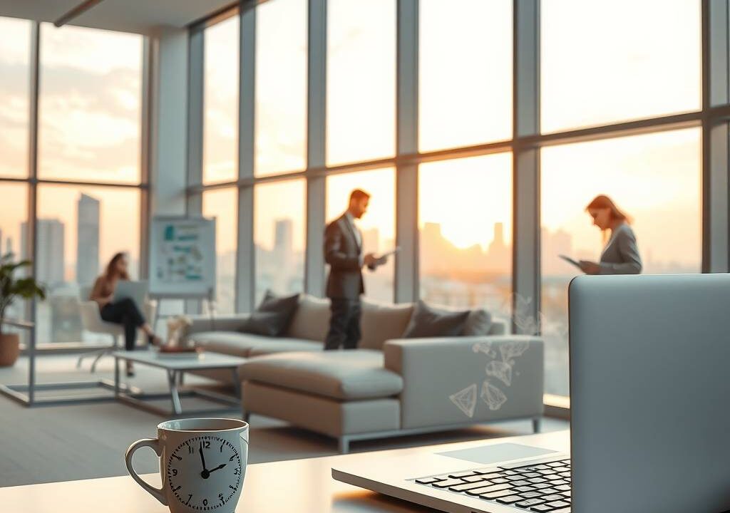 A modern, minimalist office with large windows overlooking a city skyline at golden hour. In the foreground, an open laptop beside a steaming coffee cup and a small analog clock showing flexible working hours. A diverse team is visible in the background: one person working on a laptop on a lounge couch, another standing near a whiteboard with abstract workflow diagrams, and a third using a tablet in a quiet corner. Natural light, warm tones, clean lines, and an atmosphere of trust and productivity. Photorealistic, 16:9, no text, no faces.