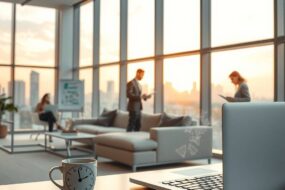 A modern, minimalist office with large windows overlooking a city skyline at golden hour. In the foreground, an open laptop beside a steaming coffee cup and a small analog clock showing flexible working hours. A diverse team is visible in the background: one person working on a laptop on a lounge couch, another standing near a whiteboard with abstract workflow diagrams, and a third using a tablet in a quiet corner. Natural light, warm tones, clean lines, and an atmosphere of trust and productivity. Photorealistic, 16:9, no text, no faces.