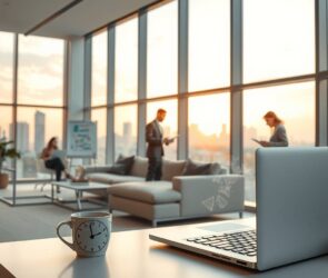 A modern, minimalist office with large windows overlooking a city skyline at golden hour. In the foreground, an open laptop beside a steaming coffee cup and a small analog clock showing flexible working hours. A diverse team is visible in the background: one person working on a laptop on a lounge couch, another standing near a whiteboard with abstract workflow diagrams, and a third using a tablet in a quiet corner. Natural light, warm tones, clean lines, and an atmosphere of trust and productivity. Photorealistic, 16:9, no text, no faces.