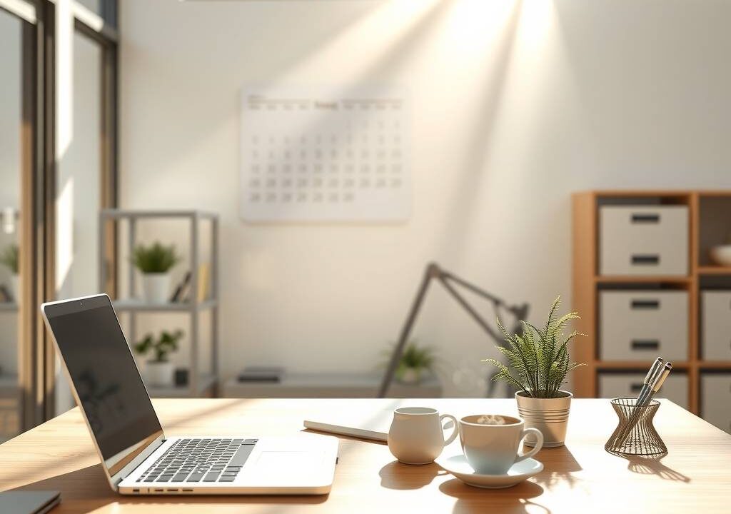 A photorealistic 16:9 image of a modern, minimalist German office interior. Sunlight streams through large windows, illuminating a clean wooden desk with a laptop, a steaming coffee cup, a sleek pen holder, and a small potted plant. In the background, a subtle calendar on the wall shows a generic future date, with soft-focus bookshelves and filing cabinets. The atmosphere is professional, organized, and bright, with neutral beige and gray tones. No people, no faces, no text visible.