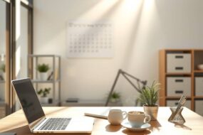 A photorealistic 16:9 image of a modern, minimalist German office interior. Sunlight streams through large windows, illuminating a clean wooden desk with a laptop, a steaming coffee cup, a sleek pen holder, and a small potted plant. In the background, a subtle calendar on the wall shows a generic future date, with soft-focus bookshelves and filing cabinets. The atmosphere is professional, organized, and bright, with neutral beige and gray tones. No people, no faces, no text visible.