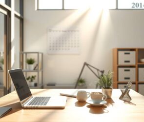 A photorealistic 16:9 image of a modern, minimalist German office interior. Sunlight streams through large windows, illuminating a clean wooden desk with a laptop, a steaming coffee cup, a sleek pen holder, and a small potted plant. In the background, a subtle calendar on the wall shows a generic future date, with soft-focus bookshelves and filing cabinets. The atmosphere is professional, organized, and bright, with neutral beige and gray tones. No people, no faces, no text visible.