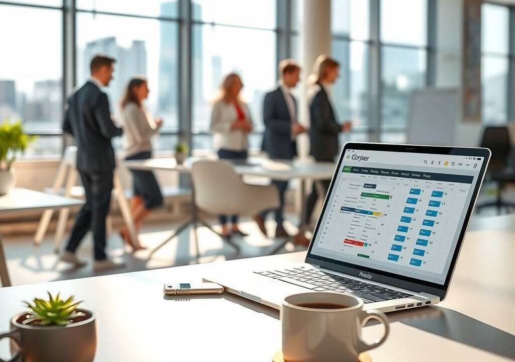 A photorealistic, 16:9 image of a modern, sunlit open-plan office in Germany. The scene shows a clean, minimalist desk with a laptop displaying a spreadsheet and a digital calendar. A steaming coffee cup and a sleek smartphone lie next to a small potted plant. In the background, a blurred, diverse team of professionals is seen collaborating near a glass whiteboard with abstract diagrams. Large windows reveal a contemporary German city skyline. The lighting is warm and natural, emphasizing a productive, tech-driven and inviting atmosphere. No text or visible faces are included.