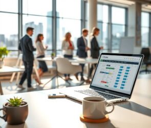 A photorealistic, 16:9 image of a modern, sunlit open-plan office in Germany. The scene shows a clean, minimalist desk with a laptop displaying a spreadsheet and a digital calendar. A steaming coffee cup and a sleek smartphone lie next to a small potted plant. In the background, a blurred, diverse team of professionals is seen collaborating near a glass whiteboard with abstract diagrams. Large windows reveal a contemporary German city skyline. The lighting is warm and natural, emphasizing a productive, tech-driven and inviting atmosphere. No text or visible faces are included.