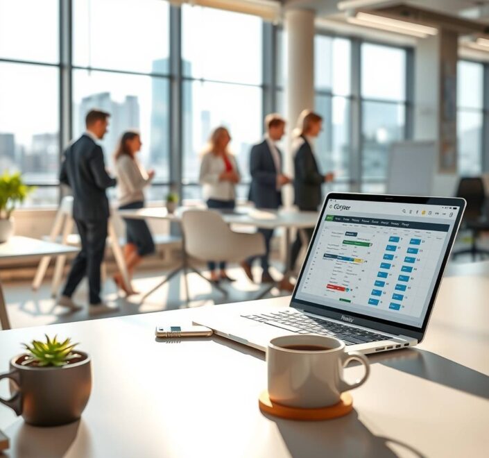 A photorealistic, 16:9 image of a modern, sunlit open-plan office in Germany. The scene shows a clean, minimalist desk with a laptop displaying a spreadsheet and a digital calendar. A steaming coffee cup and a sleek smartphone lie next to a small potted plant. In the background, a blurred, diverse team of professionals is seen collaborating near a glass whiteboard with abstract diagrams. Large windows reveal a contemporary German city skyline. The lighting is warm and natural, emphasizing a productive, tech-driven and inviting atmosphere. No text or visible faces are included.