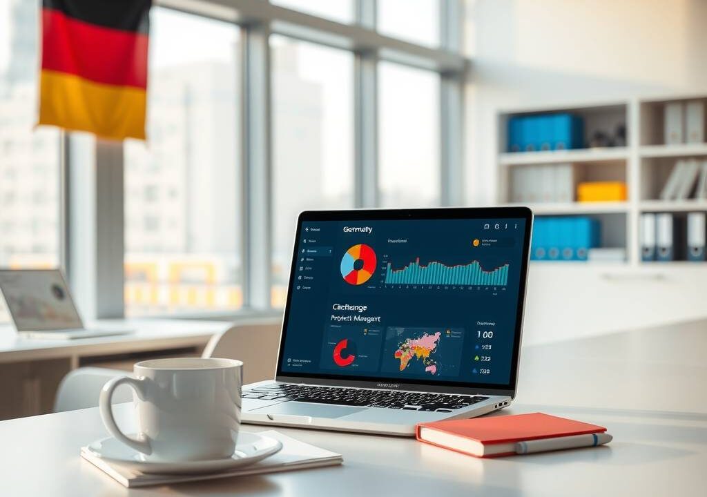 A modern, photorealistic 16:9 scene of a bright, contemporary office in Germany. The image shows a clean desk with a laptop displaying a digital dashboard and project management software, next to a cup of coffee, a notebook, and a pen. In the background, blurred shelves with binders and folders represent organized administration and office management. Large windows let in soft daylight, and a subtle German flag or urban skyline is faintly visible outside. No people or text are present, emphasizing a professional, efficient, and digitally transformed workplace environment.