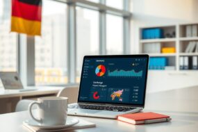 A modern, photorealistic 16:9 scene of a bright, contemporary office in Germany. The image shows a clean desk with a laptop displaying a digital dashboard and project management software, next to a cup of coffee, a notebook, and a pen. In the background, blurred shelves with binders and folders represent organized administration and office management. Large windows let in soft daylight, and a subtle German flag or urban skyline is faintly visible outside. No people or text are present, emphasizing a professional, efficient, and digitally transformed workplace environment.