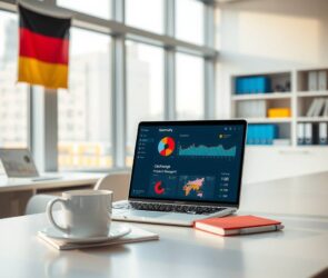 A modern, photorealistic 16:9 scene of a bright, contemporary office in Germany. The image shows a clean desk with a laptop displaying a digital dashboard and project management software, next to a cup of coffee, a notebook, and a pen. In the background, blurred shelves with binders and folders represent organized administration and office management. Large windows let in soft daylight, and a subtle German flag or urban skyline is faintly visible outside. No people or text are present, emphasizing a professional, efficient, and digitally transformed workplace environment.