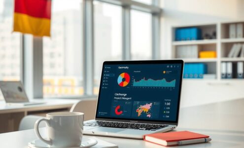 A modern, photorealistic 16:9 scene of a bright, contemporary office in Germany. The image shows a clean desk with a laptop displaying a digital dashboard and project management software, next to a cup of coffee, a notebook, and a pen. In the background, blurred shelves with binders and folders represent organized administration and office management. Large windows let in soft daylight, and a subtle German flag or urban skyline is faintly visible outside. No people or text are present, emphasizing a professional, efficient, and digitally transformed workplace environment.