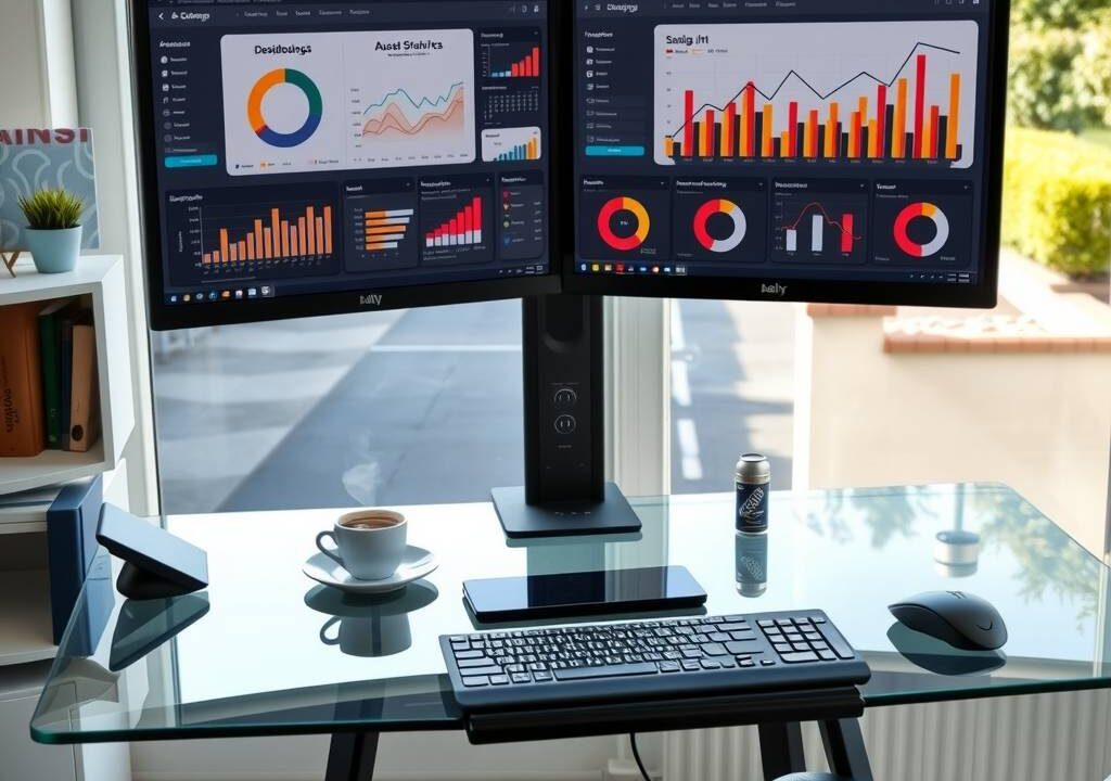 A modern, bright home office in Germany, featuring a sleek glass desk with a large dual-monitor setup displaying administrative software dashboards and strategic planning charts. A steaming coffee cup sits beside a tablet and ergonomic keyboard, with a view of a quiet residential street through the window. The atmosphere is professional and calm, with natural daylight streaming in, a small plant on the shelf, and a high-end office chair. The scene emphasizes digital efficiency, flexibility, and contemporary workspace design, with no people visible. Photorealistic, 16:9, no text, no faces.