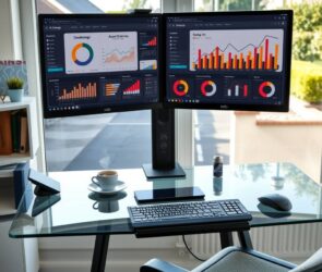 A modern, bright home office in Germany, featuring a sleek glass desk with a large dual-monitor setup displaying administrative software dashboards and strategic planning charts. A steaming coffee cup sits beside a tablet and ergonomic keyboard, with a view of a quiet residential street through the window. The atmosphere is professional and calm, with natural daylight streaming in, a small plant on the shelf, and a high-end office chair. The scene emphasizes digital efficiency, flexibility, and contemporary workspace design, with no people visible. Photorealistic, 16:9, no text, no faces.
