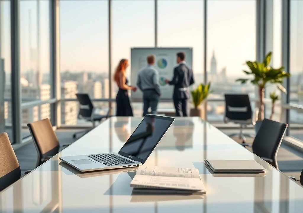A photorealistic wide-angle view of a modern, minimalist office in Germany. A sleek glass desk with a laptop, a paperless filing system, and a digital tablet. In the background, blurred silhouettes of professionals collaborating near a smart whiteboard and ergonomic chairs. Natural daylight from floor-to-ceiling windows, with a subtle view of a German city skyline. Clean lines, neutral tones with subtle green plants, evoking efficiency, digital transformation, and a professional 2026 work environment. No text, no visible faces, 16:9 aspect ratio.