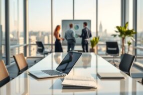 A photorealistic wide-angle view of a modern, minimalist office in Germany. A sleek glass desk with a laptop, a paperless filing system, and a digital tablet. In the background, blurred silhouettes of professionals collaborating near a smart whiteboard and ergonomic chairs. Natural daylight from floor-to-ceiling windows, with a subtle view of a German city skyline. Clean lines, neutral tones with subtle green plants, evoking efficiency, digital transformation, and a professional 2026 work environment. No text, no visible faces, 16:9 aspect ratio.